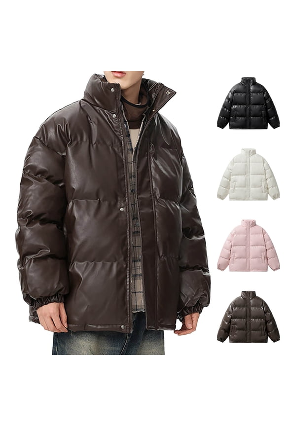 Men's Casual Faux Leather Zip up Long Sleeve Outdoor Motorcycle Jacket Fashion Thicken Warm Sherpa Lightweight Puffer Down Jacket Aviator PU Vintage Coat with Pockets White