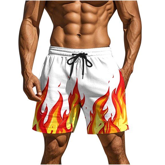 RYDCOT Men's Casual Faux Suede Flame Graphics Shorts Lightweight Elastic Waist Drawstring Summer Beach Shorts White