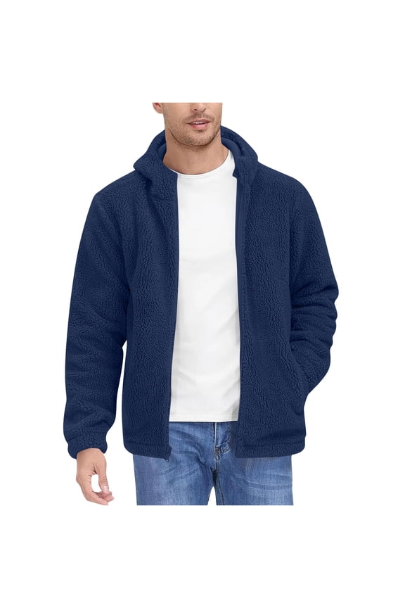Men's Casual Hooded Arctic Fleece Solid Color Retro Loose Full Zip Double-Sided Plush Warm Jacket with Pocket Navy