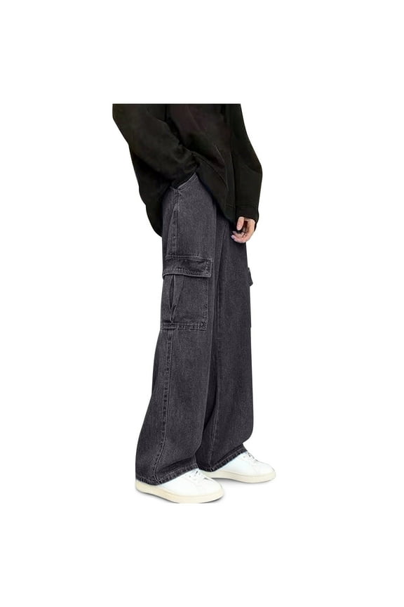 Men's Casual Jeans Regular Fit Denim Pants Straight Leg Jeans Elastic Waist Drawsting Trousers Gray S(S)