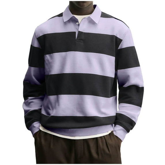 RYDCOT Men's Polo Shirts Long Sleeve Striped Quick Dry Casual Collared Pique Golf Polo Shirts for Mens Purple