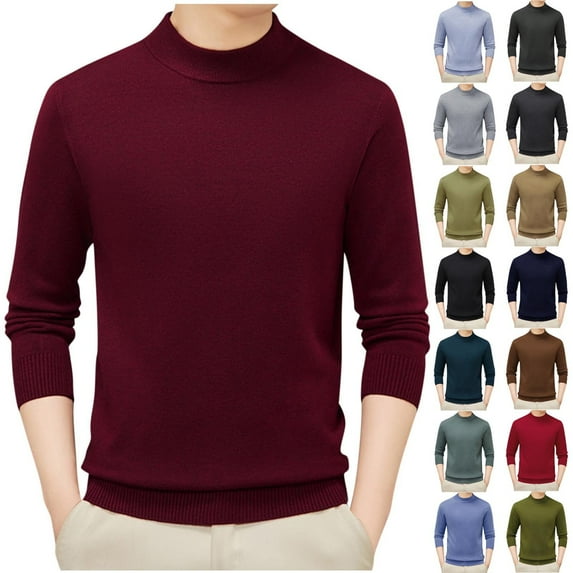 RYDCOT Men's Casual Mock Neck Tops Long Sleeve Slim Fit Semi High Neck Knitted Thick Warm Sweater Top Wine
