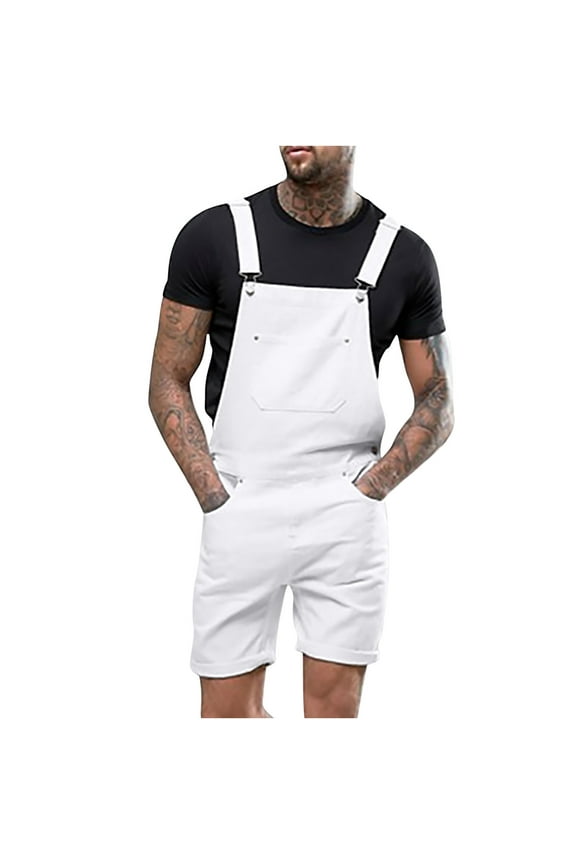 Men's Casual Overalls Jeans Shorts with Pockets Slim Fit Jumpsuit Denim Bib Jumpsuits White