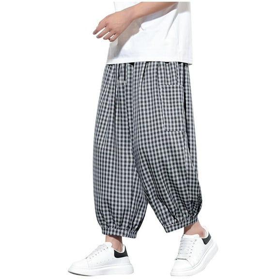 RYDCOT Men's Casual Plaid Capri Pants Elastic Waist Wide Leg Loose Pants Haren Pant Navy