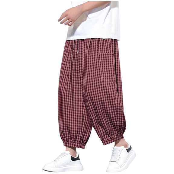 RYDCOT Men's Casual Plaid Capri Pants Elastic Waist Wide Leg Loose Pants Haren Pant Red