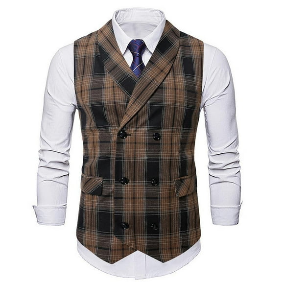 RYDCOT Men's Casual Slim Fit Double Breasted Suit Dress Vest Regular Fit Plaid Wool Herringbone Waistcoat for Wedding and Party Coffee