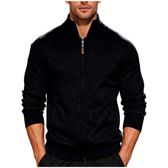 RYDCOT Men's Casual Slim Full Zip Thick Knitted Cardigan Sweaters with Pockets Black