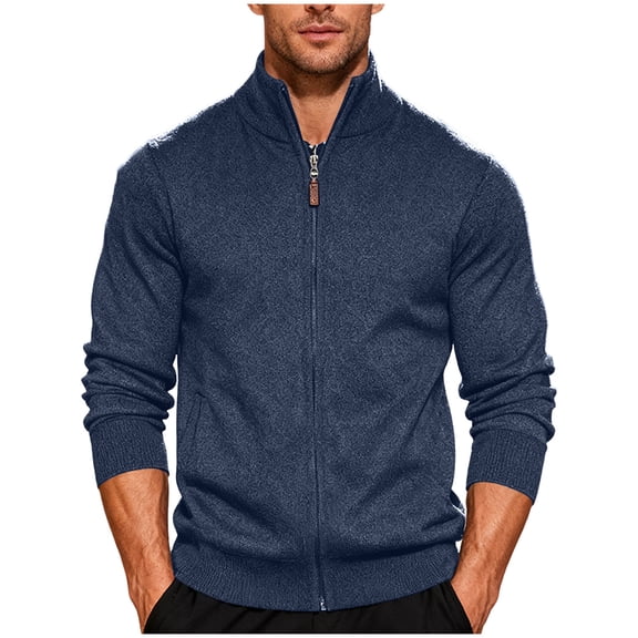 RYDCOT Men's Casual Slim Full Zip Thick Knitted Cardigan Sweaters with Pockets Navy
