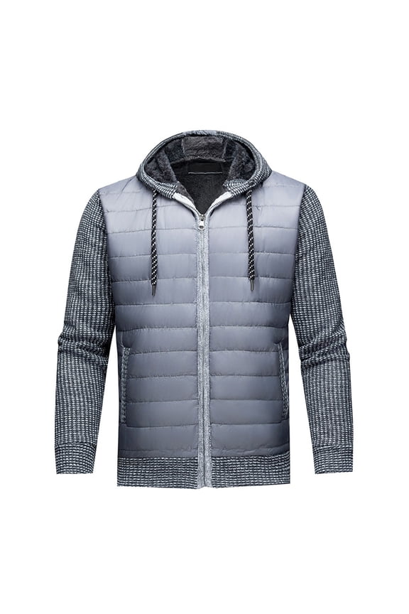 Men’s Casual Stand Collar PU Faux Leather Zip-Up Fleece Lined Knitted Cardigan Sweaters Hoodies Gray