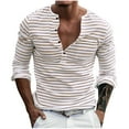 thumbnail image 1 of RYDCOT Men's Casual Striped Long Sleeved Round Neck Half Button Pullover with Pocket Top Beige, 1 of 9