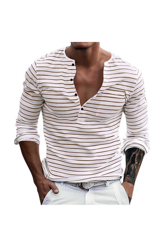 Men's Casual Striped Long Sleeved Round Neck Half Button Pullover with Pocket Top Beige