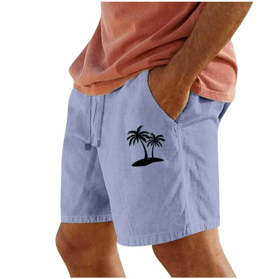 RYDCOT Men's Casual Summer Palm Tree Beach Shorts 7" Cotton Linen Athletic Running Drawstring Workout Shorts with Pocket Blue