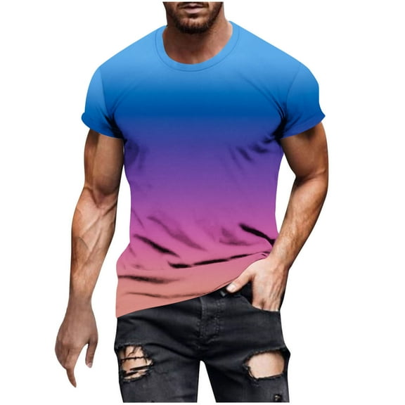 RYDCOT Men's Casual Summer Short Sleeve Cotton T-Shirts Gradient Ombre Crew Neck Tee Tops Blue
