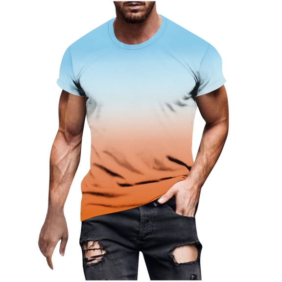 RYDCOT Men's Casual Summer Short Sleeve Cotton T-Shirts Gradient Ombre Crew Neck Tee Tops Light Blue