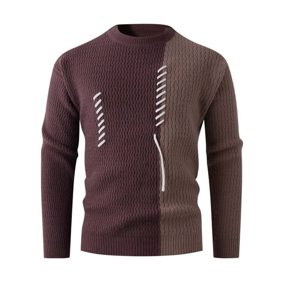 RYDCOT Men's Casual Sweater Colorblock Long Sleeved Elastic Knitted Warm Pullover Round Neck Sweater Coffee