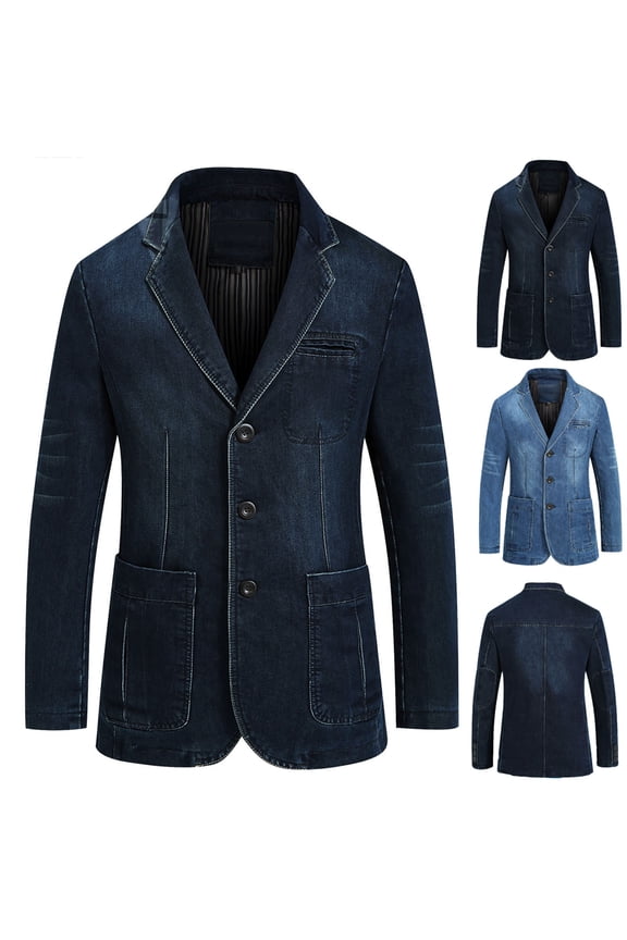 Men's Casual Vintage Lapel 3 Buttons Denim Blazer Slim Lapel Washed Denim Suit Jacket Business Slim Sport Coats Lightweight Jackets Light Blue