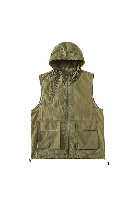 Men's Casual Water-Resistant Nylon Vest Outerwear Lightweight Loose Fit Large Size Multi Pockets Sleeveless Jacket with Removable Hood for Fishing Travel Sai Army Green