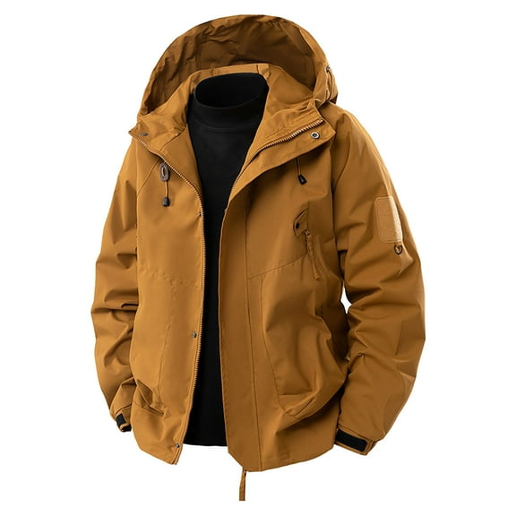 RYDCOT Men's Casual and Fashionable Solid Color Hooded Trench Coat with Pocket Casual Loose Fit Outdoor Style for Spring Fall Brown S(S)