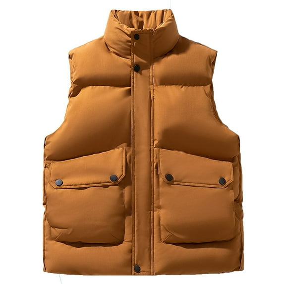RYDCOT Men's Casual and Fashionable Warm Button Vest Winter Outdoor Casual Thick Sleeveless Cotton Jacket with Pocket Brown