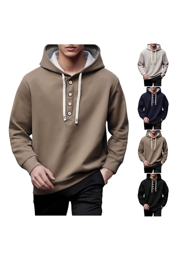 Men's Causal Fleece Pullover Hoodies Lightweight Jersey Athletic Workout Hooded Sweatshirts Tops Long Sleeve Knit Button Henley Shirt with Drawstring Navy