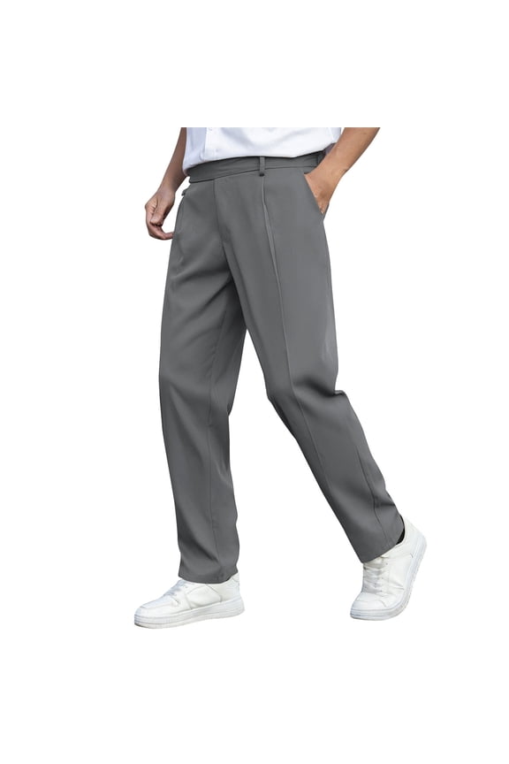 Men's Classic-Fit Expandable-Waist Pleated Dress Pant Straight-Leg Golf Pants Dark Gray