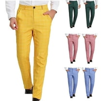 RYDCOT Men's Classic-Fit Long Pants Fashion Casual Button Straight Leg Suit Pant with Pocket Yellow