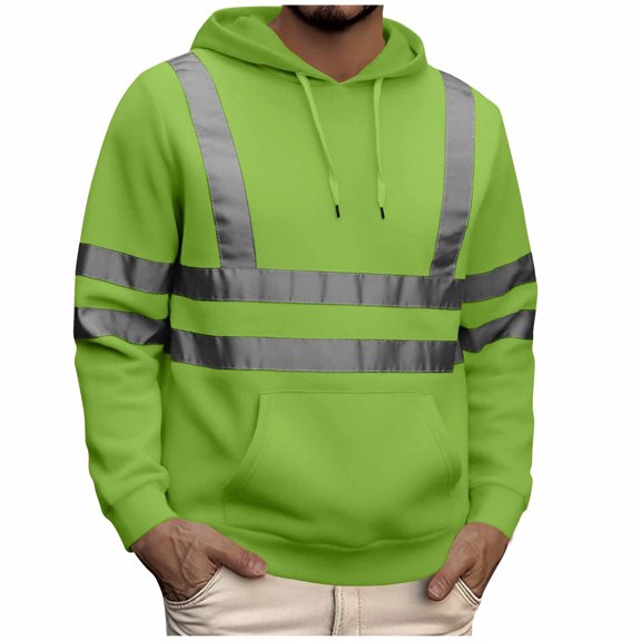 RYDCOT Men's Color Block High Visibility Safety Environmental Sanitation Reflective Strip Sweatshirt Long Sleeve Pullover Hooded Top with Pockets for Construction Work Fall Winter Green