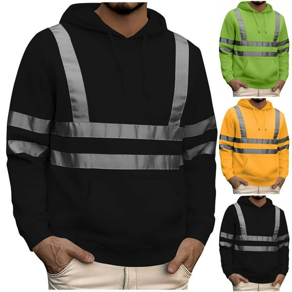 RYDCOT Men's Color Block High Visibility Safety Environmental Sanitation Reflective Strip Sweatshirt Long Sleeve Pullover Hooded Top with Pockets for Construction Work Fall Winter Yellow