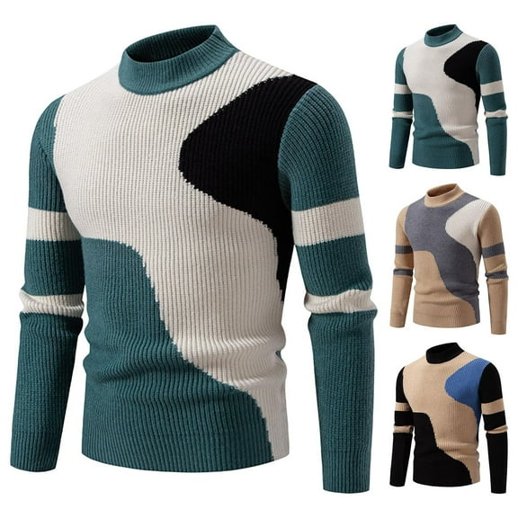 RYDCOT Men's Color Block Round Neck Knit Sweater Casual Warm Fall Winter Long Sleeved Top Khaki XL(XL)
