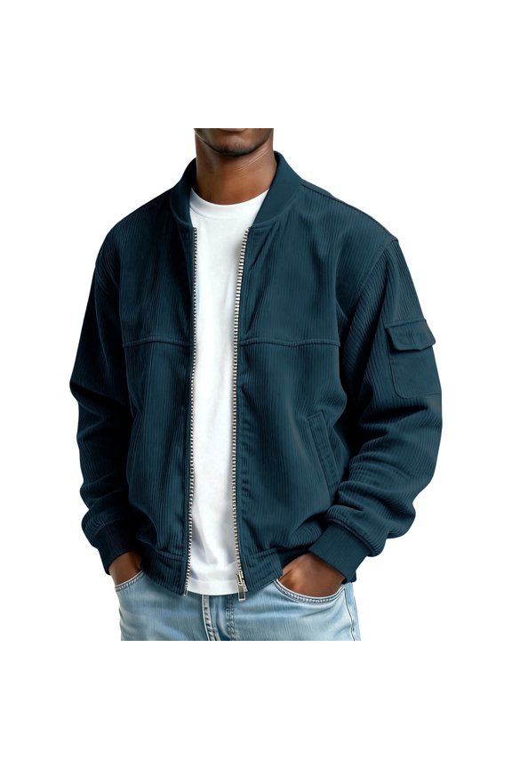 Men's Corduroy Bomber Jacket Zip up Coat Trucker Vintage Jacket with Pocket&Lining Workwear Jacket Navy