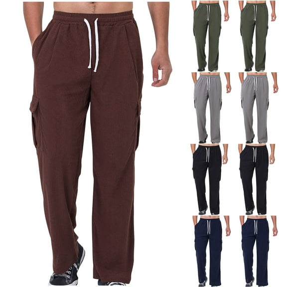RYDCOT Men's Corduroy Cargo Joggers with Elastic Waist & Drawstring - Casual Baggy Open Bottom Sweatpants Comfort Fit​ Wine