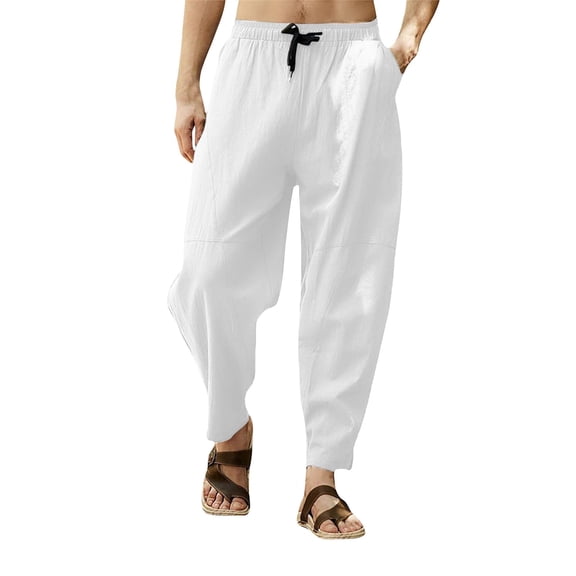 RYDCOT Men's Cotton Linen Hip-Hop Harem Pants Drawstring Casual Cropped Trousers Lightweight Loose Beach Yoga Pants White
