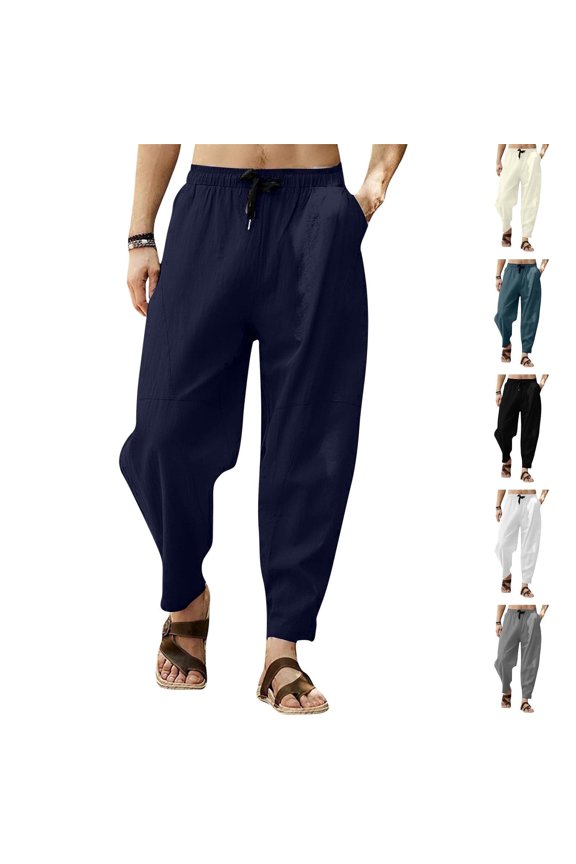 Men's Cotton Linen Hip-Hop Harem Pants Drawstring Casual Cropped Trousers Lightweight Loose Beach Yoga Pants White