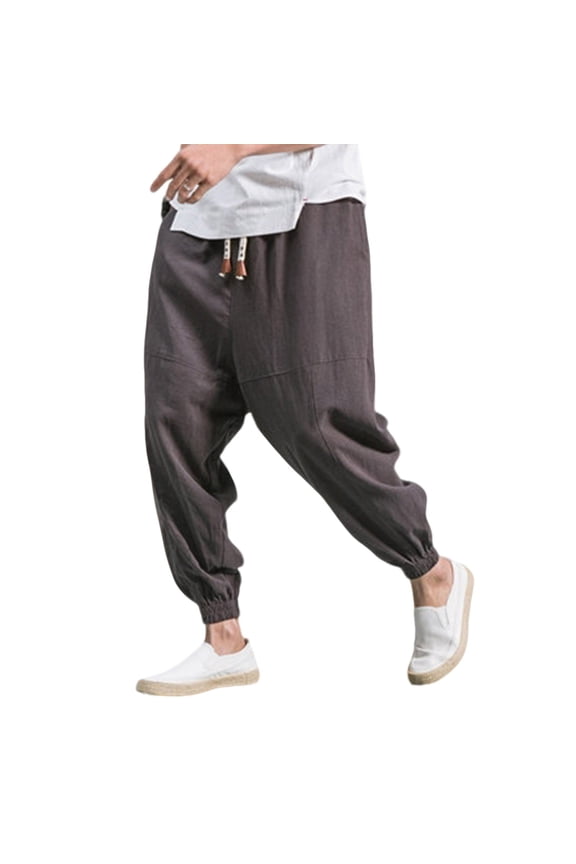 Men's Cotton Linen Pants Casual Loose Fit Harem Tapered Pants Drawstring Elastic Waist Beach Boho Yoga Trousers Gray