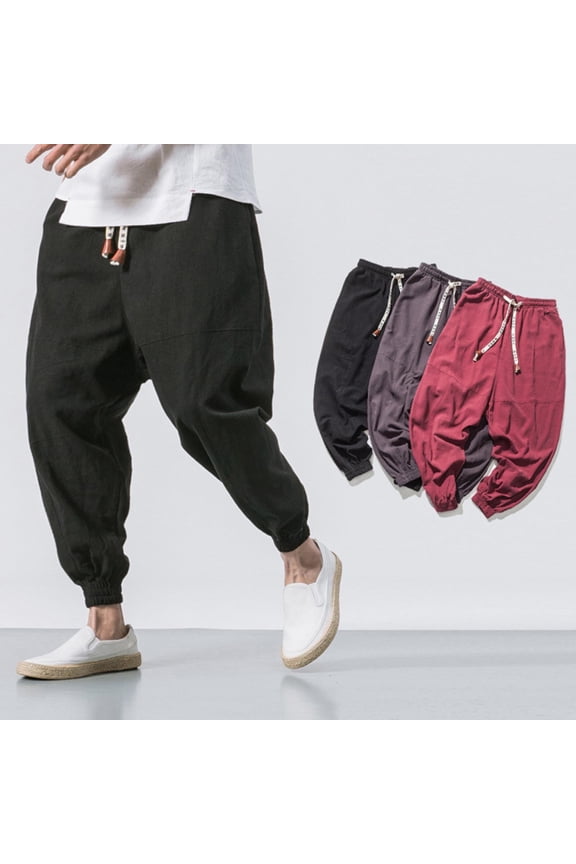 Men's Cotton Linen Pants Casual Loose Fit Harem Tapered Pants Drawstring Elastic Waist Beach Boho Yoga Trousers Red