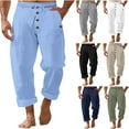thumbnail image 1 of RYDCOT Men's Cotton Linen Pants Lightweight Button Drawstring Elastic Waist Pockets Loose Fit Straight Legs Summer Beach Yoga White, 1 of 8