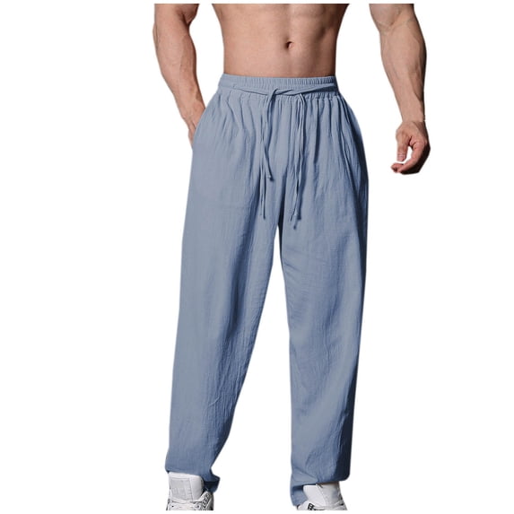 RYDCOT Men's Cotton Linen Pants Lightweight Drawstring Elastic Waist Pockets Loose Fit Straight Legs Summer Beach Yoga Light Blue