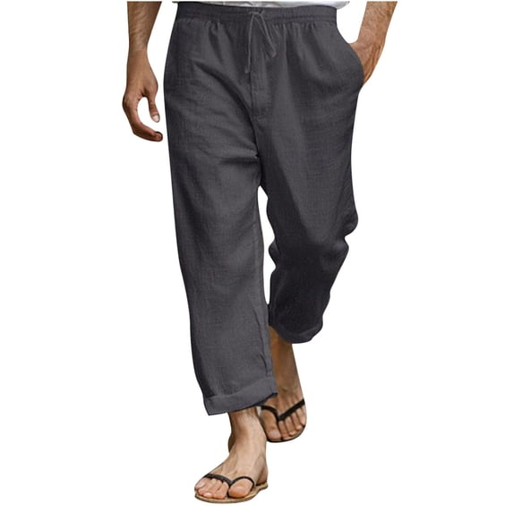 RYDCOT Men's Cotton Linen Pants Lightweight Drawstring Elastic Waist Pockets Loose Fit Summer Beach Yoga Harem Trousers with Pockets Gray