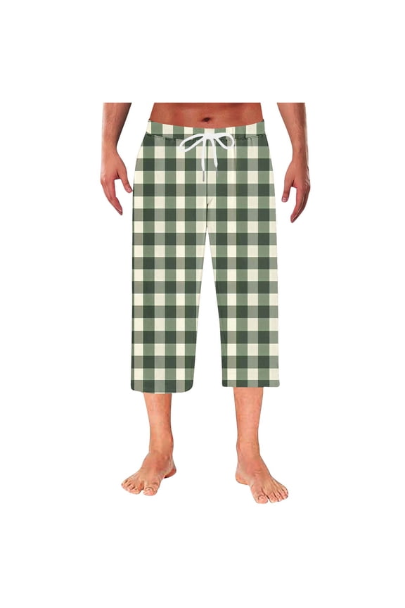 Men’s Cotton Lounge Pajama Capris Pants – 100% Woven Soft Plaid Sleepwear with Pockets, Long Short Lengths Green