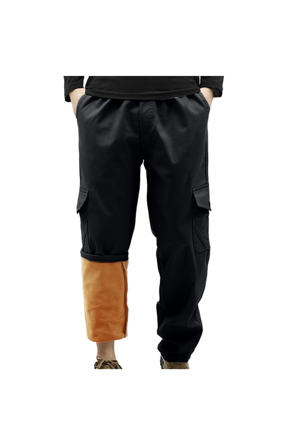Men's Cotton Ripstop Fleece Lined Tactical Work Pants Warm Water Resistant Utility Skiing Hiking Cargo Pants Black