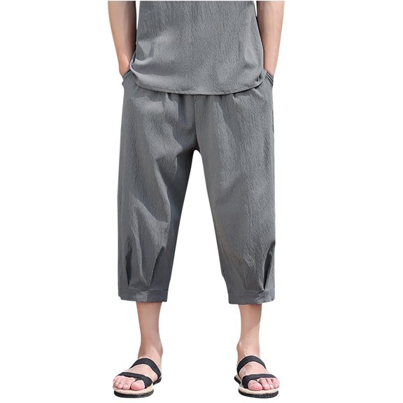 RYDCOT Men's Cotton and Linen Capri Pants Lightweight Loose 3/4 Shorts Elastic Waist Casual Beach Trousers Gray
