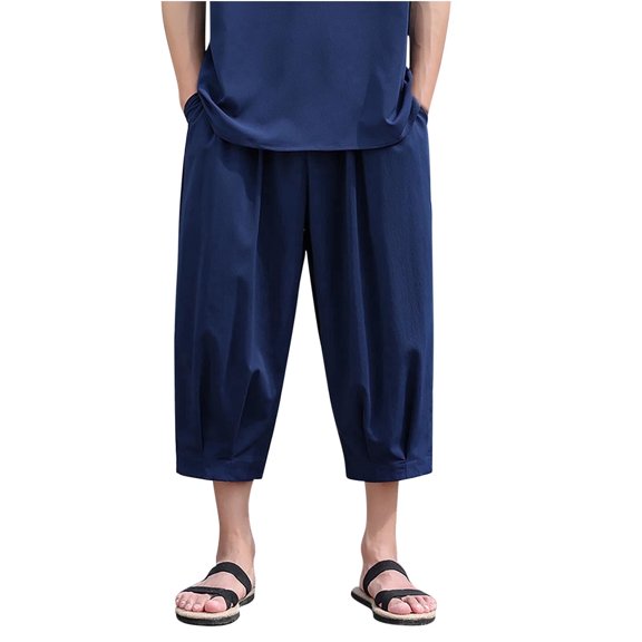 RYDCOT Men's Cotton and Linen Capri Pants Lightweight Loose 3/4 Shorts Elastic Waist Casual Beach Trousers Navy