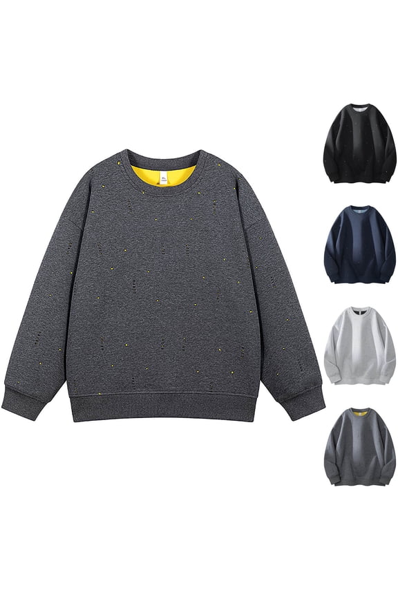 Men's Crew Neck Sweatshirts Distressed Ripped Hole Long Sleeves Streetwear Knitted Sweater Pullover Navy