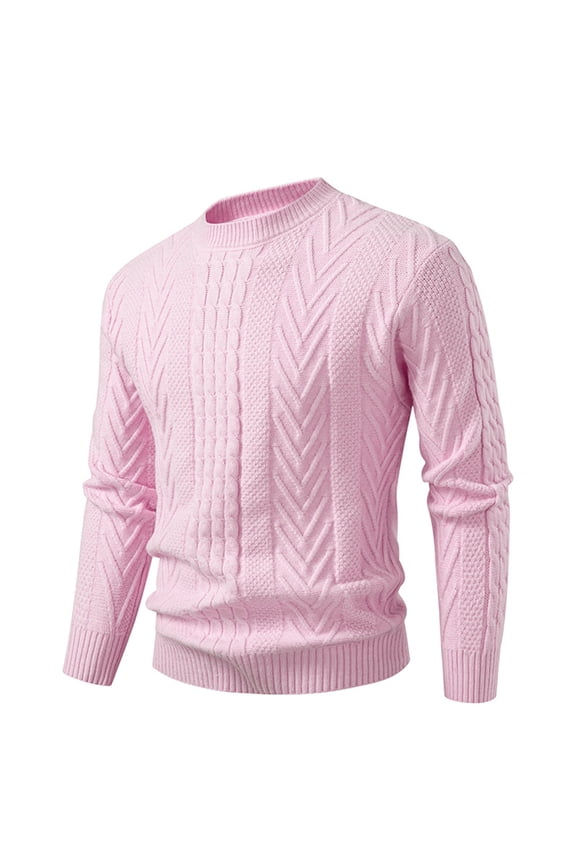 Men's Crewneck Pullover Sweater Elastic Knit Long Sleeve Sweater Winter Warm Textured Sweater Tops Pink