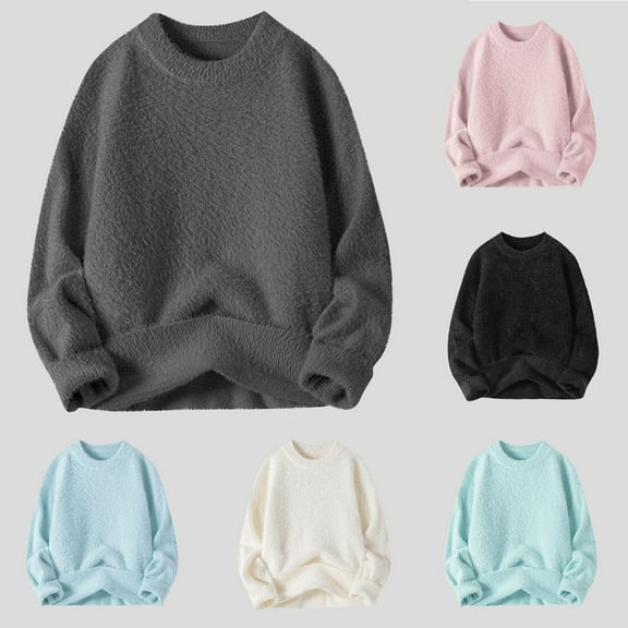 RYDCOT Men's Crewneck Sweatshirt Solid Color Casual Warm Round Neck Thick Casual Long Sleeve Top Pink