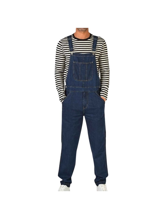 Men's Denim Bib Overalls Jeans Casual Slim Fit Adjustable Straps Fashion Trousers Boot Cut Jumpsuit Dark Blue 4(S)