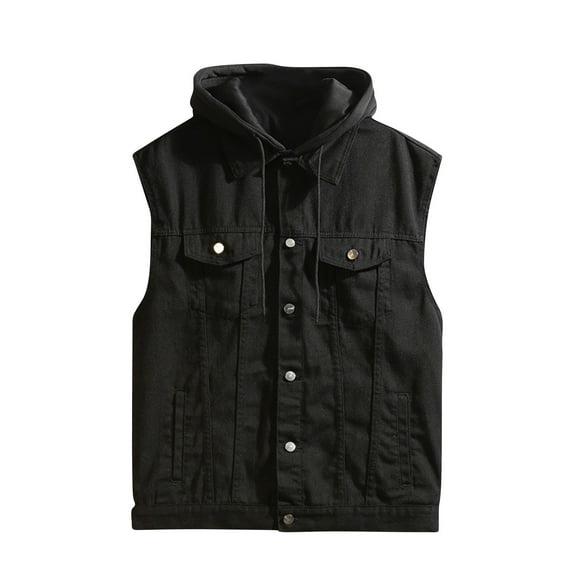 RYDCOT Men's Denim Vest,Sleeveless Jean Jacket Detachable Hat Solid Color Vintage Motorcycle Vest for Men Black