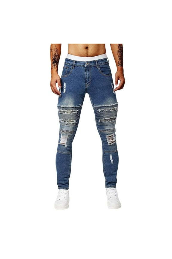 Men's Designer Straight Slim Fit Patchwork Ripped Distressed Jeans Comfort Washed Skinny Biker Denim Pants Blue