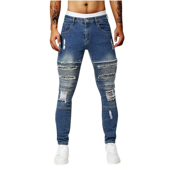 RYDCOT Men's Designer Straight Slim Fit Patchwork Ripped Distressed Jeans Comfort Washed Skinny Biker Denim Pants Blue