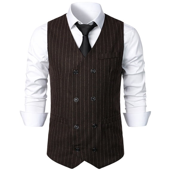 RYDCOT Men's Double Breasted Cotton Striped Dress Suit Vests Casual Business Vests Slim Fit Waistcoat for Wedding Groom Dating Coffee